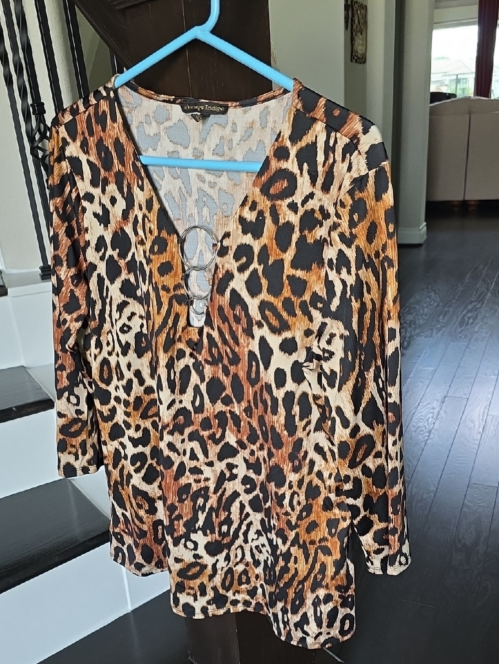Women’s Leopard Print V-Neck Tunic with Ring Detail - Brown/Black